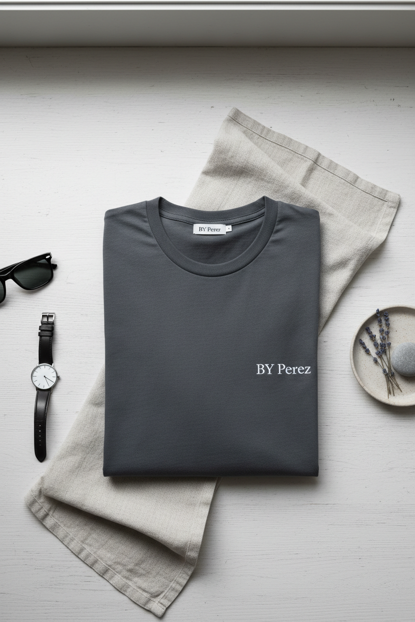 BY Perez t-shirt flat lay product photo