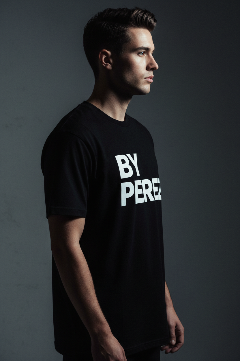 Man wearing BY PEREZ bold logo t-shirt side view