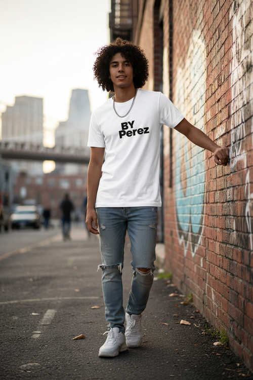 Person wearing BY Perez t-shirt in urban setting